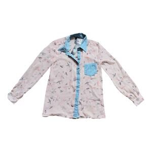 NWT Women's Fun & Flirt Sheer Pink Button Up , Medium, Birds, Denim Trim